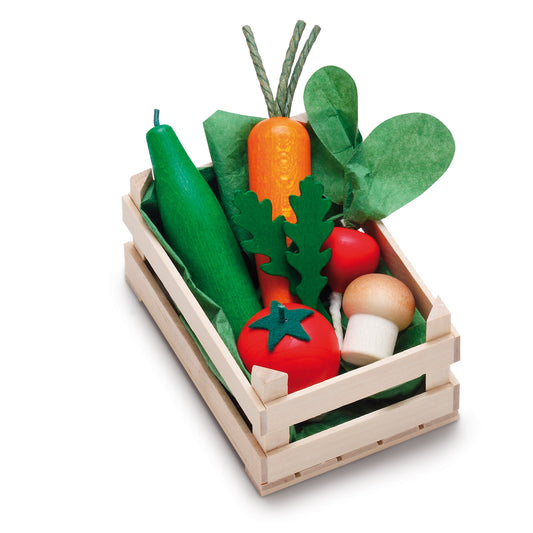 Erzi Gemüse-Sortiment klein in Holzkiste mit Gurke, Blattgemüse, Karotte, Tomaten und Pilz