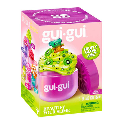 gui gui Jelli Slime Verpackung mit rosa Behälter, grüner Slime und Frosch-Figur