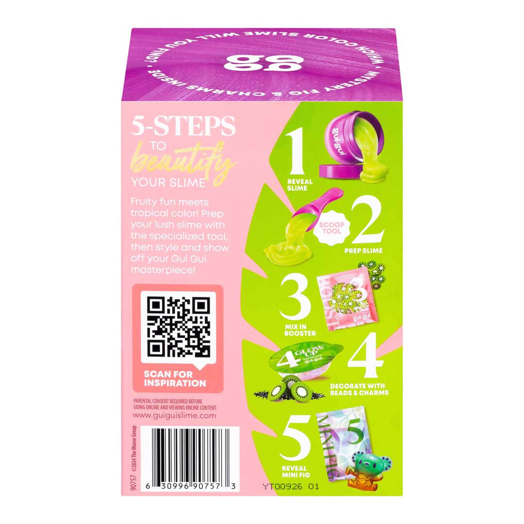 Rückseite gui gui Jelli Slime Verpackung mit fünf Anleitungsschritten, QR-Code und Barcode