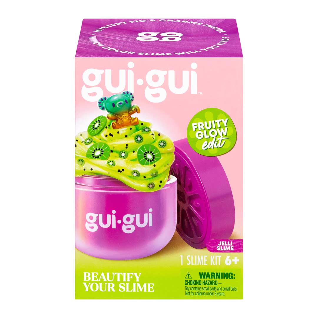 gui gui Jelli Slime Verpackung Vorderseite mit grüner gelartiger Slime und Frosch auf rosa Behälter, Fruity Glow Label