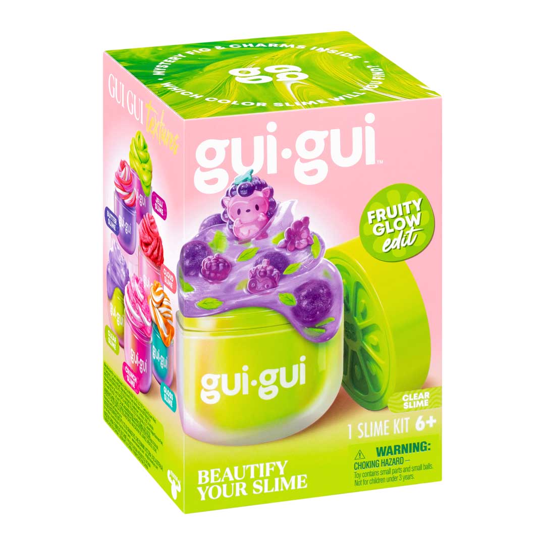 Verpackung des gui-gui Clear Slime mit grünem Deckel, rosa Box und lila glitzernder Schleimfigur auf der Oberseite