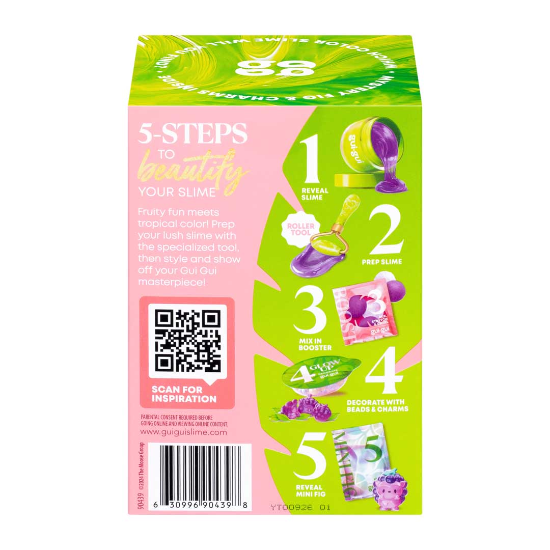 Rückseite der gui-gui Clear Slime Verpackung mit fünf bebilderten Schritten zur Slime-Herstellung, QR-Code und Barcode