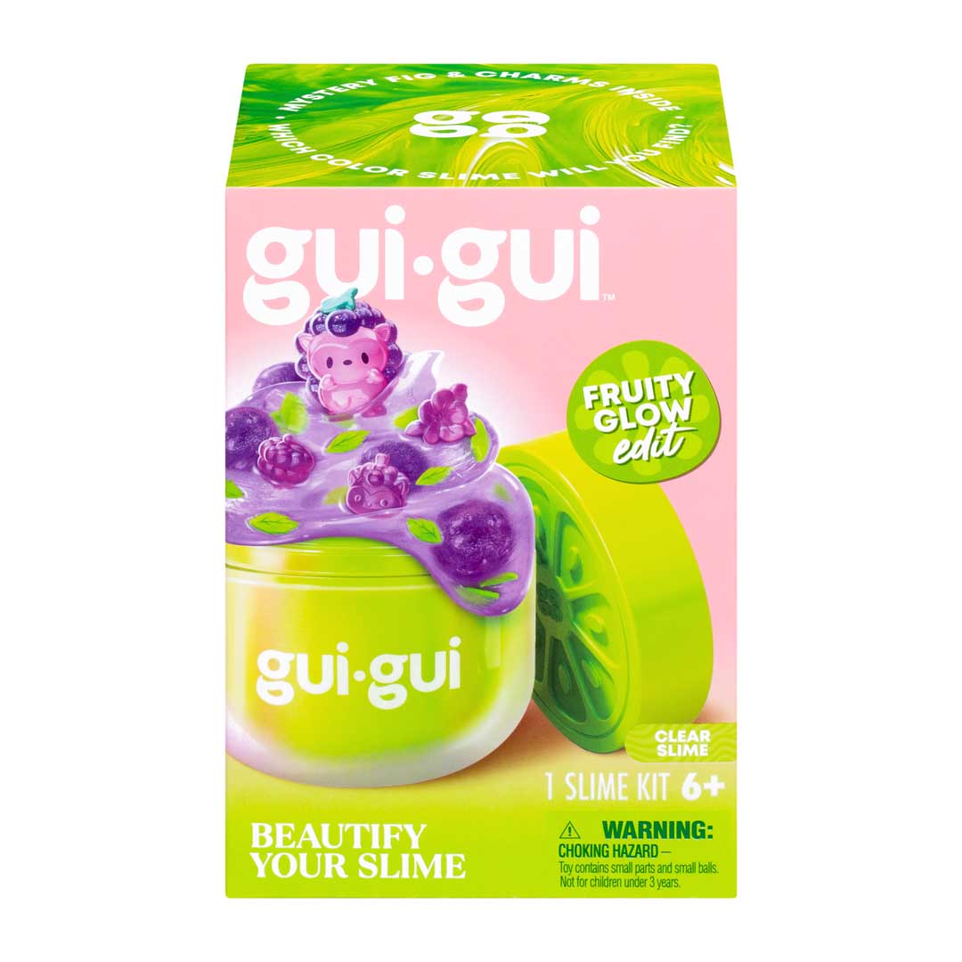 gui gui Clear Slime, Vorderseite der Packung mit gelbgrünem Behälter und lila Fruchtfigur