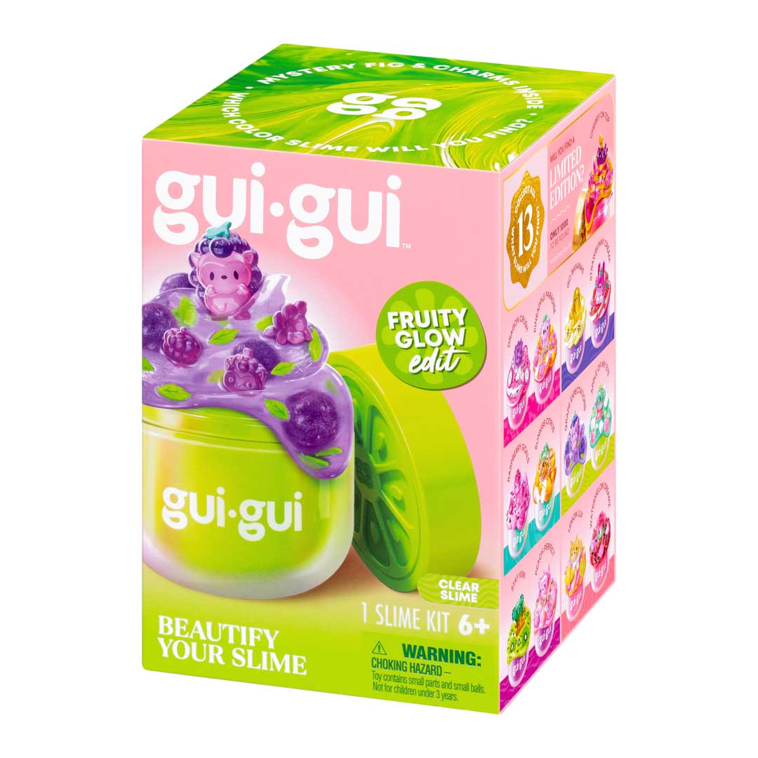 gui-gui Clear Slime Packung mit weißgrünem Behälter und lila glitzerndem Schleim