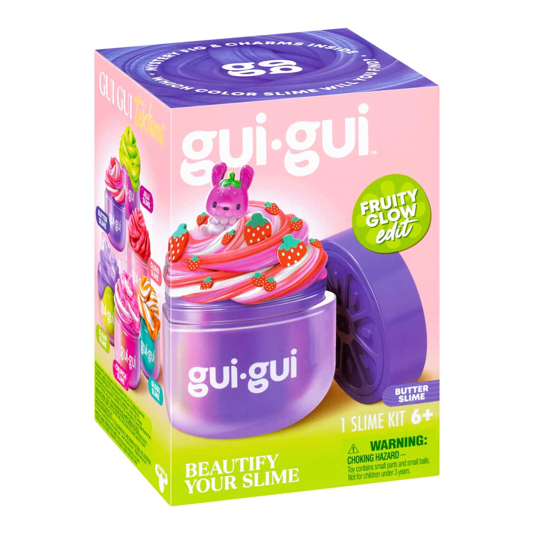 Gui Gui Butter Slime Packung mit violettem Behälter und farbigem Frucht-Topping