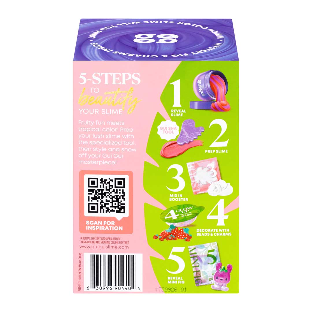 Gui Gui Butter Slime Verpackungsrückseite mit pink-grünem Design und fünf Schritt-Anleitung