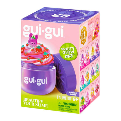 gui.gui Butter Slime Verpackung Übersicht mit violettem Behälter, rosa-rotem Frucht-Topping und lila Deckel von der Seite