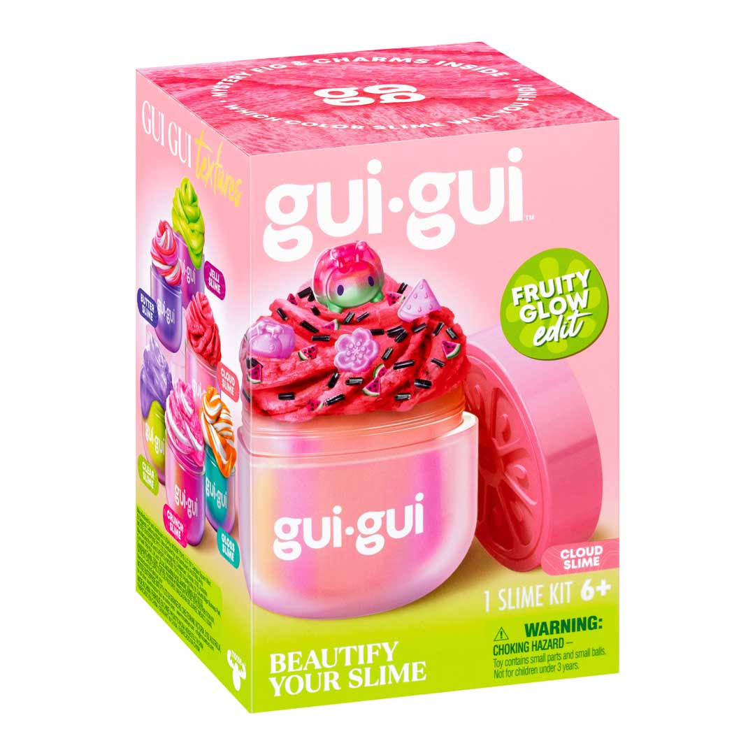 Gui Gui Cloud Slime Packshot, rosafarbene Box mit Behälter pinkfarbener Slime und roten Elementen oben