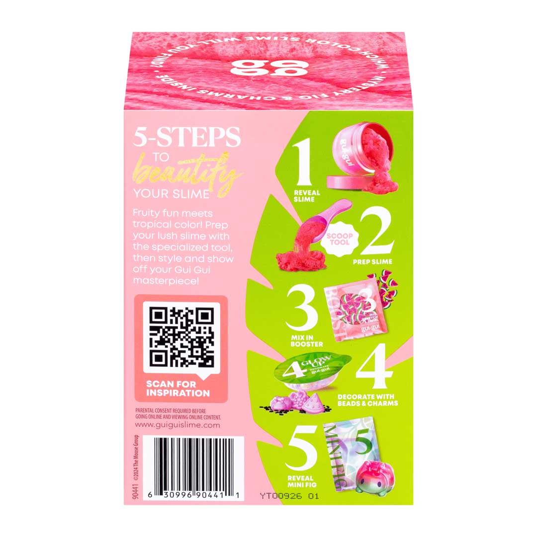 Rückseite der gui gui Cloud Slime Verpackung mit 5-Schritte-Anleitung, grün-rosa Design und QR-Code
