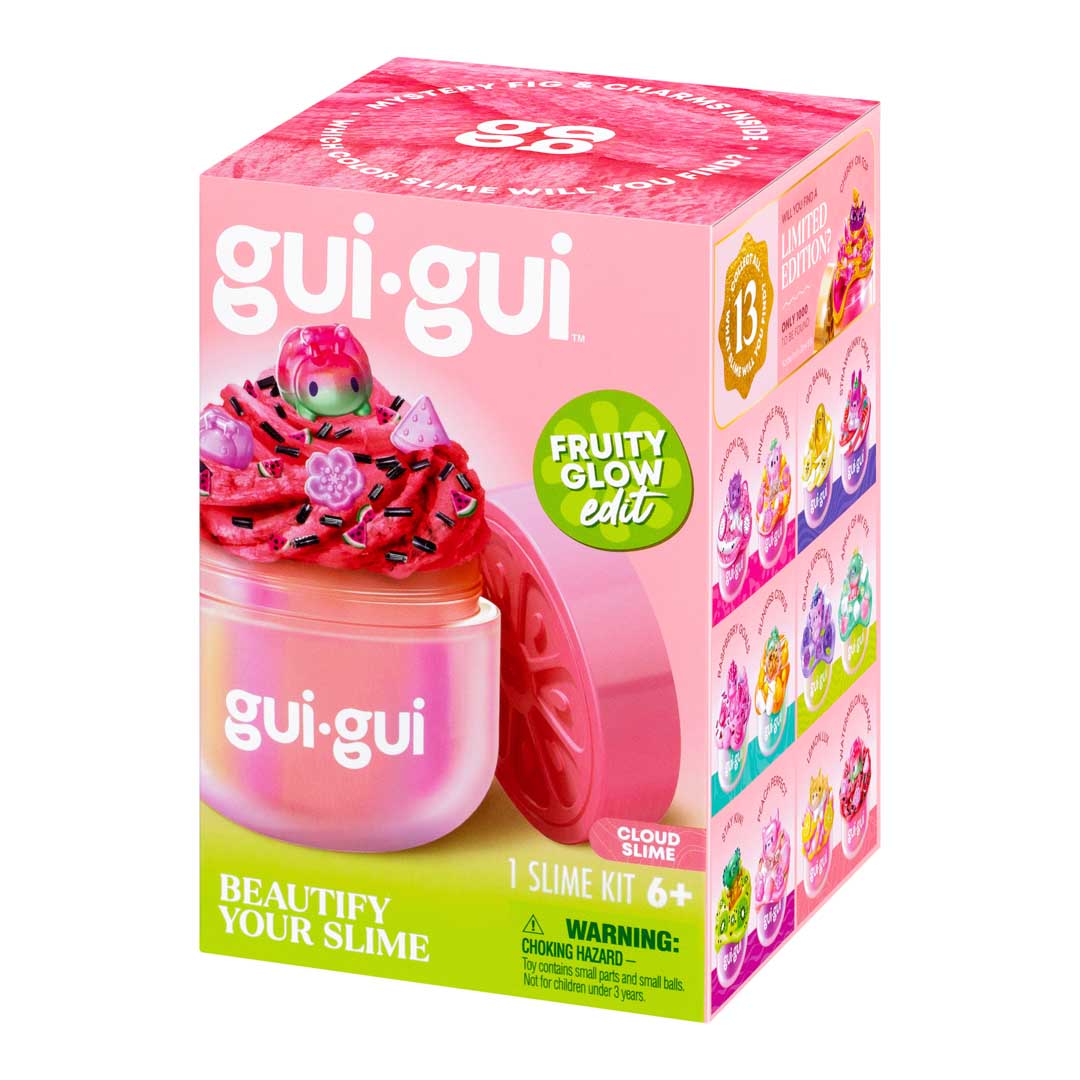 gui gui Cloud Slime Verpackung, rosa Box mit pinkfarbener Slime und rotem Fruity Glow Label