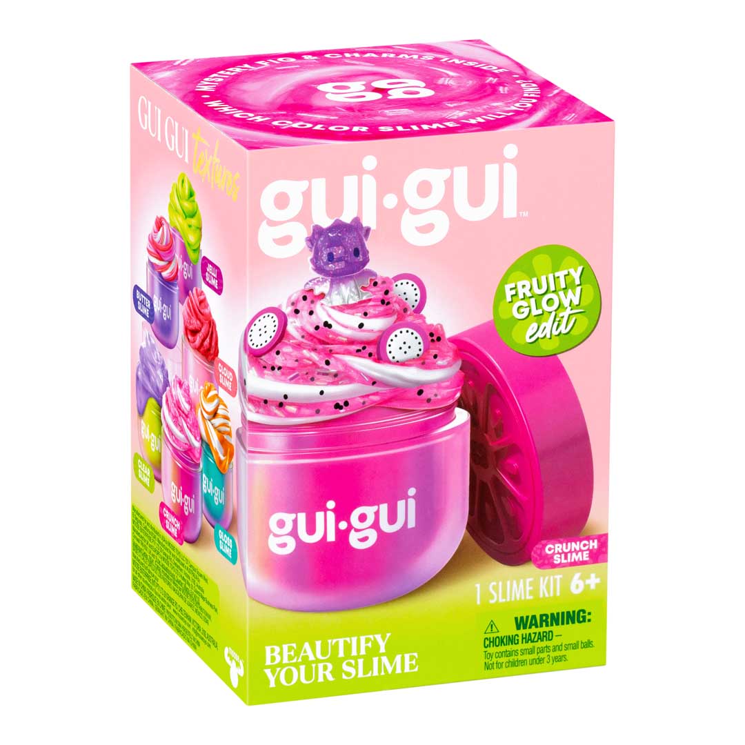 gui gui Crunch Slime Packung mit rosa Behälter, Schleimer-Dekoration und Fruity Glow Etikett