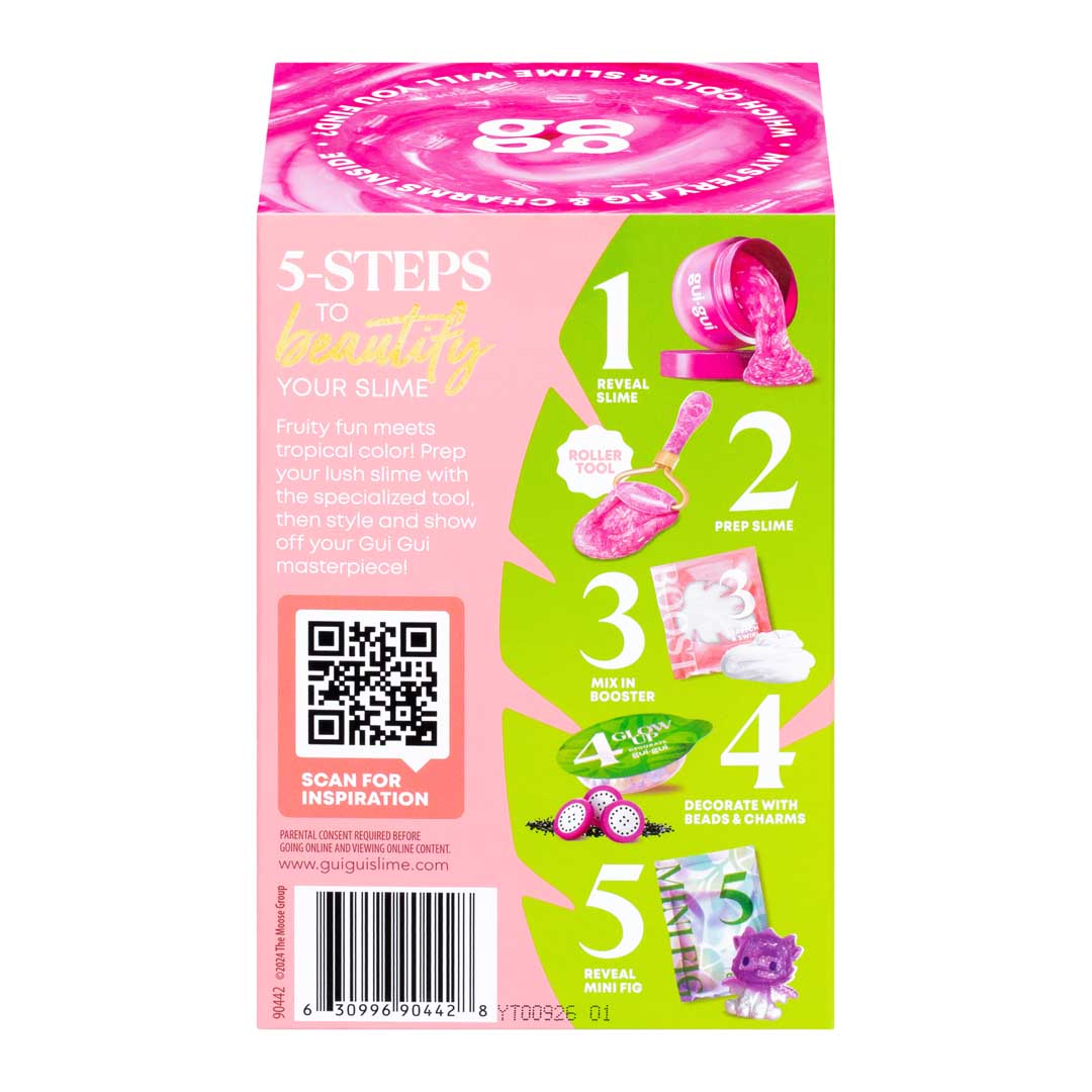 Rückseite der gui gui Crunch Slime Verpackung mit fünf Schritten, QR-Code und Barcode