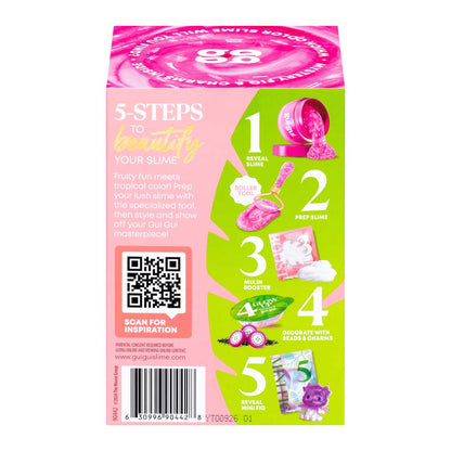 Rückseite der gui gui Crunch Slime Verpackung mit fünf Schritten, QR-Code und Barcode