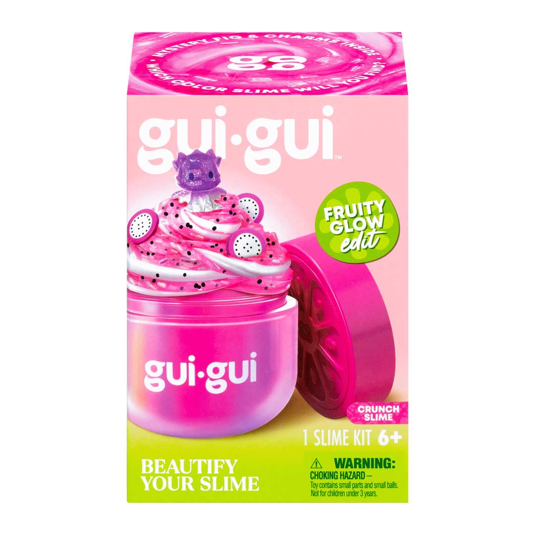 gui gui Crunch Slime Verpackung von vorne mit rosa Behälter, pinkem Schaum-Topping und lila Monster-Figur