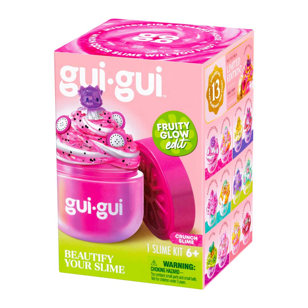 gui gui Crunch Slime Verpackung mit rosa Behälter, pinkem Topping und lila Monster-Figur
