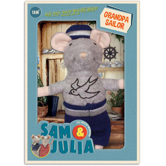 Kleine graubraune Plüsch-Maus Opa Seemann von Sam & Julia mit Matrosenkleidung