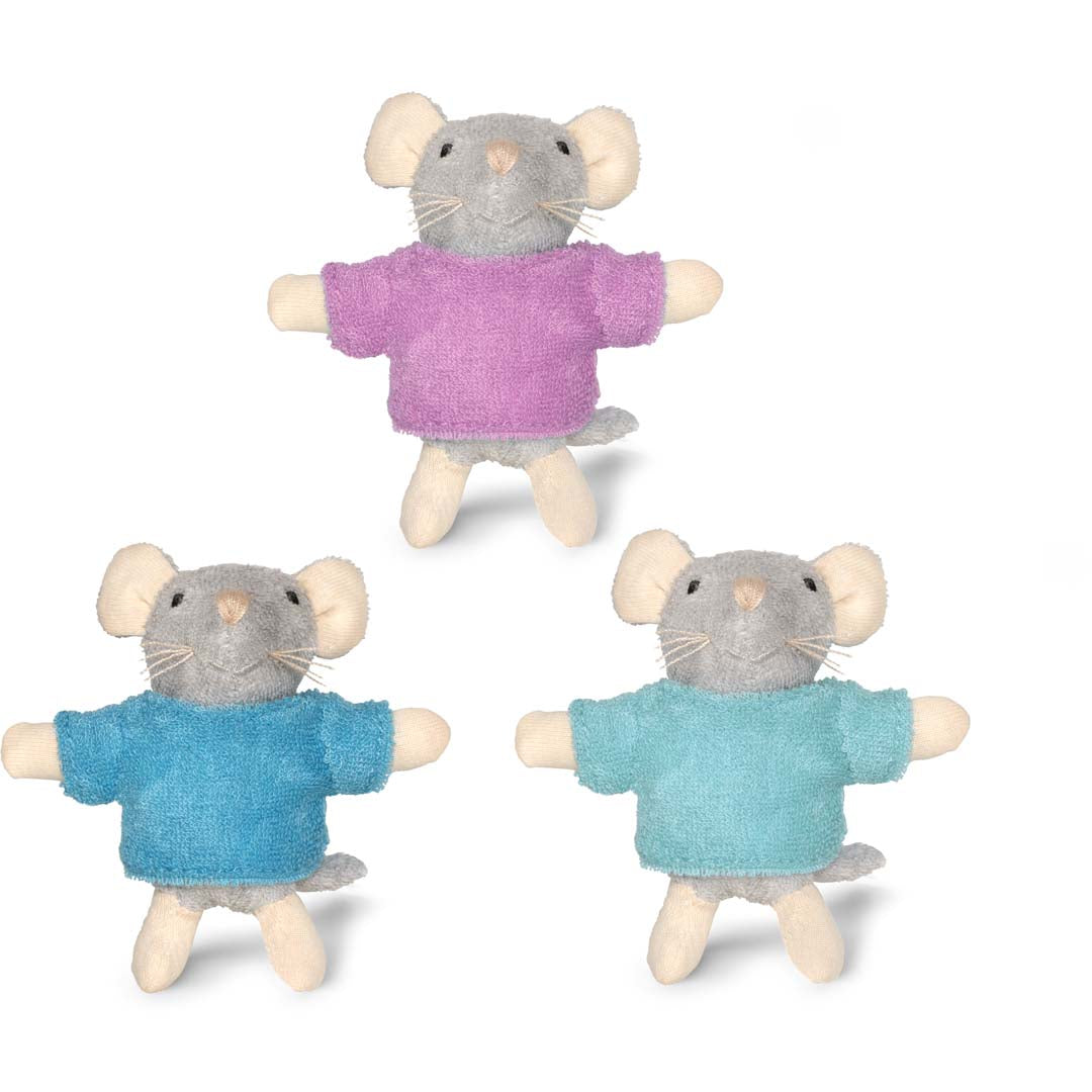 Drei kleine Plüschmäuse The Triplets von Sam & Julia, je 8 cm groß, aus Baumwoll-Polyester