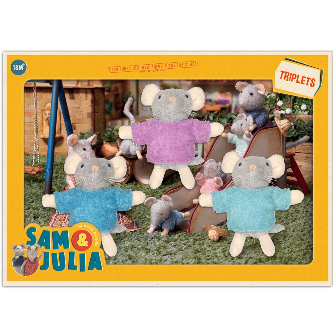 Drei kleine Plüschmäuse The Triplets von Sam & Julia, je 8 cm groß, aus Baumwoll-Polyester