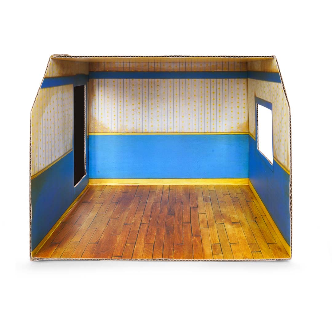 Karton-Zimmer Mäusehaus-Kinderzimmer von Sam & Julia mit Tapeten und Bodenmustern