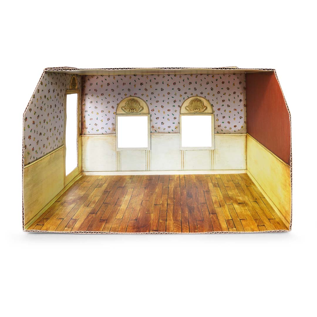 Karton-Wohnzimmer Sam & Julia mit bedruckten Wänden und Möbel-Platzierungsflächen
