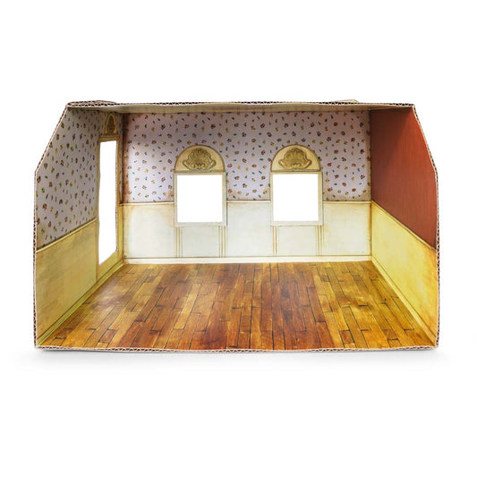 Karton-Wohnzimmer Sam & Julia mit bedruckten Wänden und Möbel-Platzierungsflächen