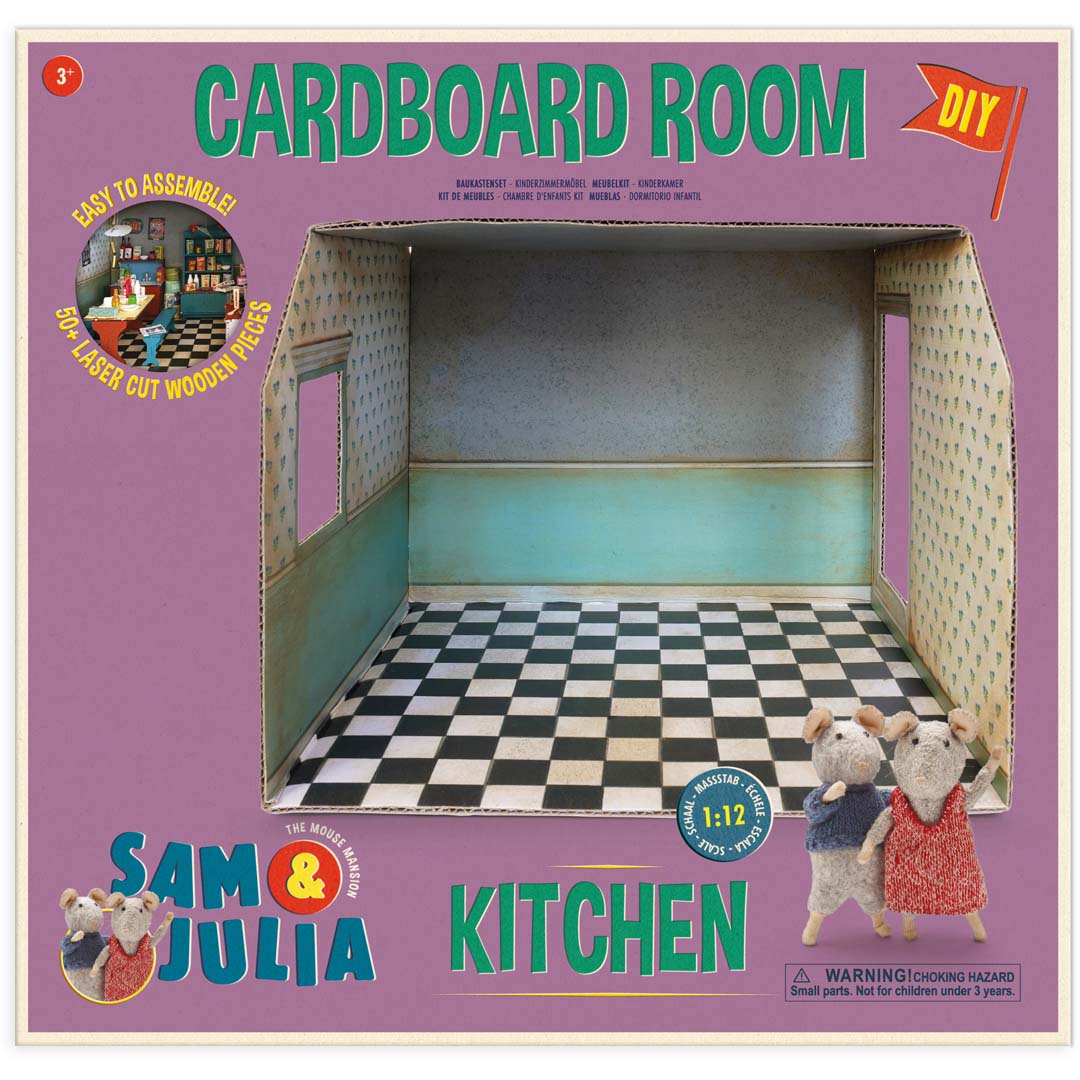Papphaus-Küche Sam & Julia mit bedruckter Tapete und Bodenbelag in Miniaturformat