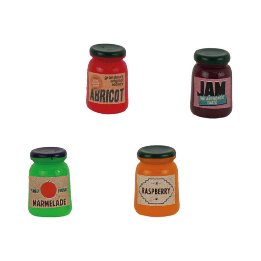 Vier Miniatur-Marmeladengläser im Maßstab 1:12 von Sam & Julia für Puppenhäuser