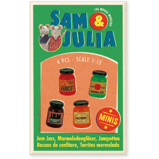 Vier Miniatur-Marmeladengläser im Maßstab 1:12 von Sam & Julia für Puppenhäuser