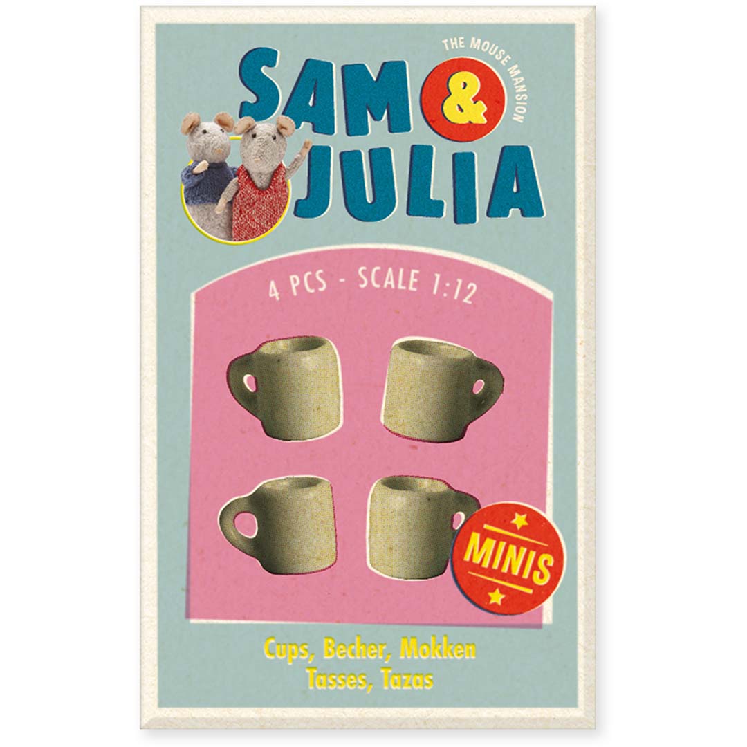 Vier kleine Miniatur-Tassen für Puppenhäuser von Sam & Julia im Maßstab 1:12