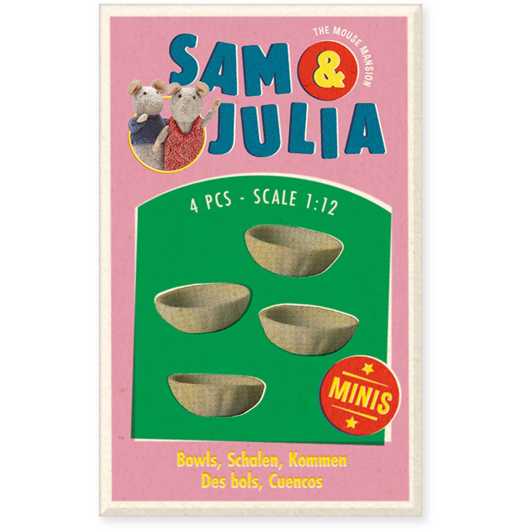 Vier kleine Miniaturschüsseln von Sam & Julia im Maßstab 1:12 für Puppenhaus