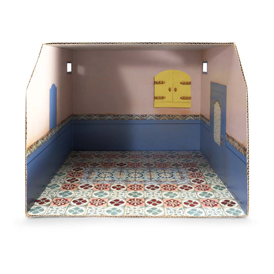 Papier-Badezimmer für Mäusefiguren von Sam & Julia mit gestalteten Wänden und Boden