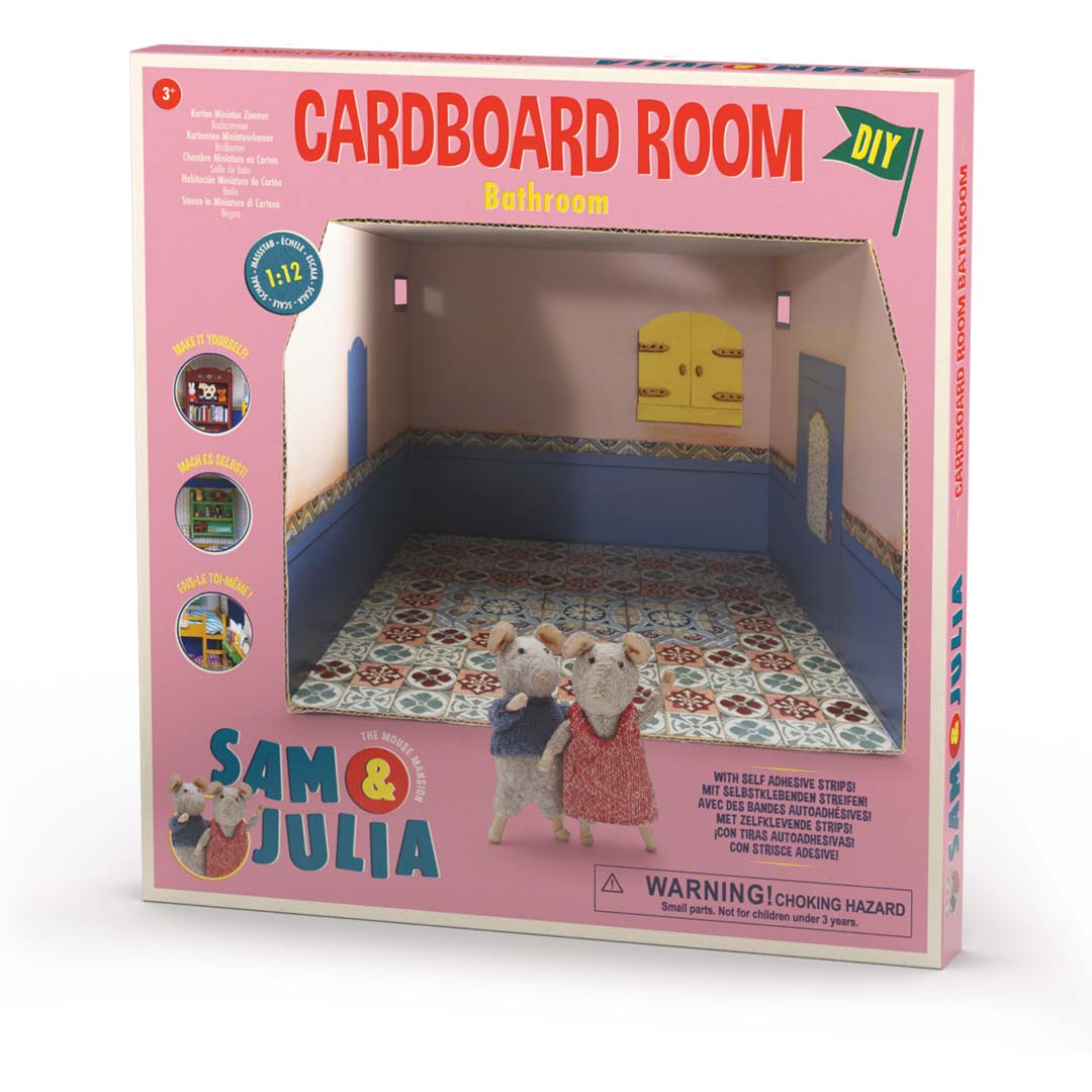 Papier-Badezimmer für Mäusefiguren von Sam & Julia mit gestalteten Wänden und Boden