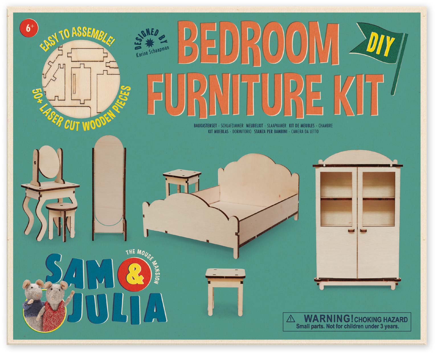 Holz-Baukastenset Mäusehaus-Elternschlafzimmer von Sam & Julia mit Bett, Schrank und Nachttischen