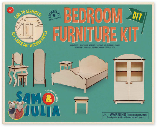 Holz-Baukastenset Mäusehaus-Elternschlafzimmer von Sam & Julia mit Bett, Schrank und Nachttischen