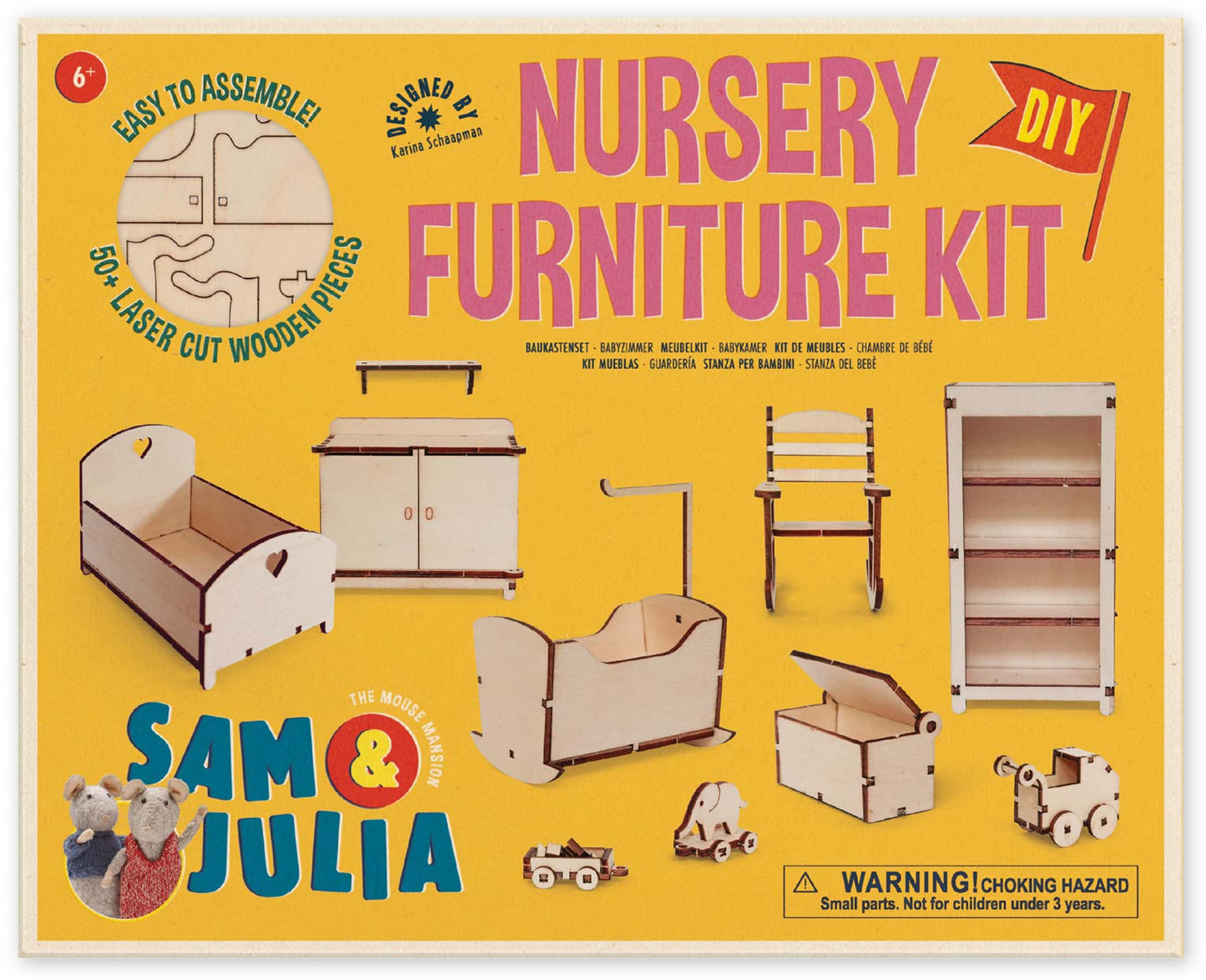 Holz-Baukastenset Mäusehaus-Zimmer Nursery von Sam & Julia mit Babybett, Wiege und Möbeln
