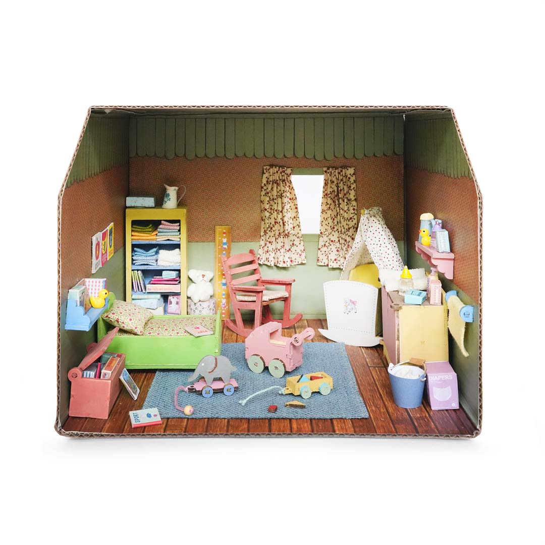 Holz-Baukastenset Mäusehaus-Zimmer Nursery von Sam & Julia mit Babybett, Wiege und Möbeln