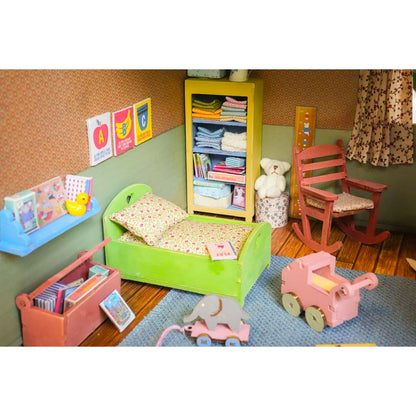 Holz-Baukastenset Mäusehaus-Zimmer Nursery von Sam & Julia mit Babybett, Wiege und Möbeln