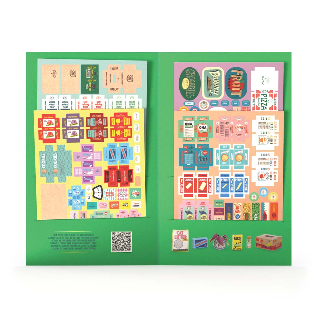 Papierbausatz Sam & Julia Mäusehaus-Kaufmannsladen mit vorgestanzten Miniaturregalen und Lebensmittelboxen