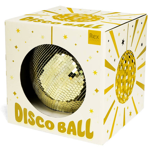 Rex London Discokugel Gold in der Kartonverpackung mit Sichtfenster, Sternen und Schriftzug Disco Ball