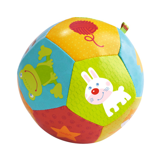 Haba Babyball Tierfreunde, bunte Stoffball-Segmente mit weißem Hase, gelbem Löwen, roter Schnecke und anderen Tiermotiven