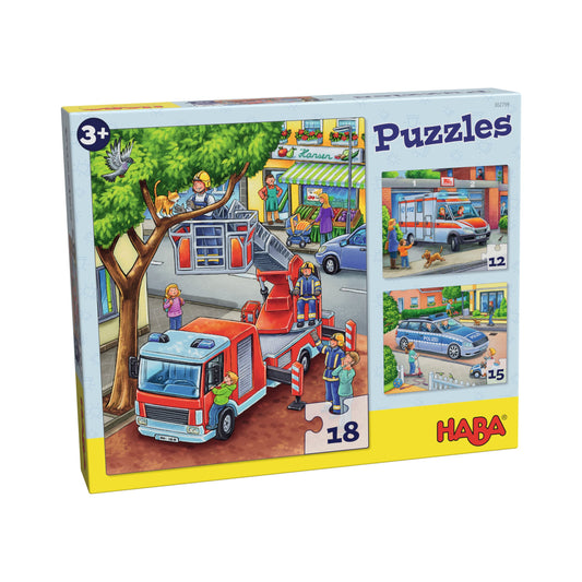 Haba Puzzles Feuerwehr Verpackung mit drei Feuerwehr- und Polizeimotiven in bunten Szenen