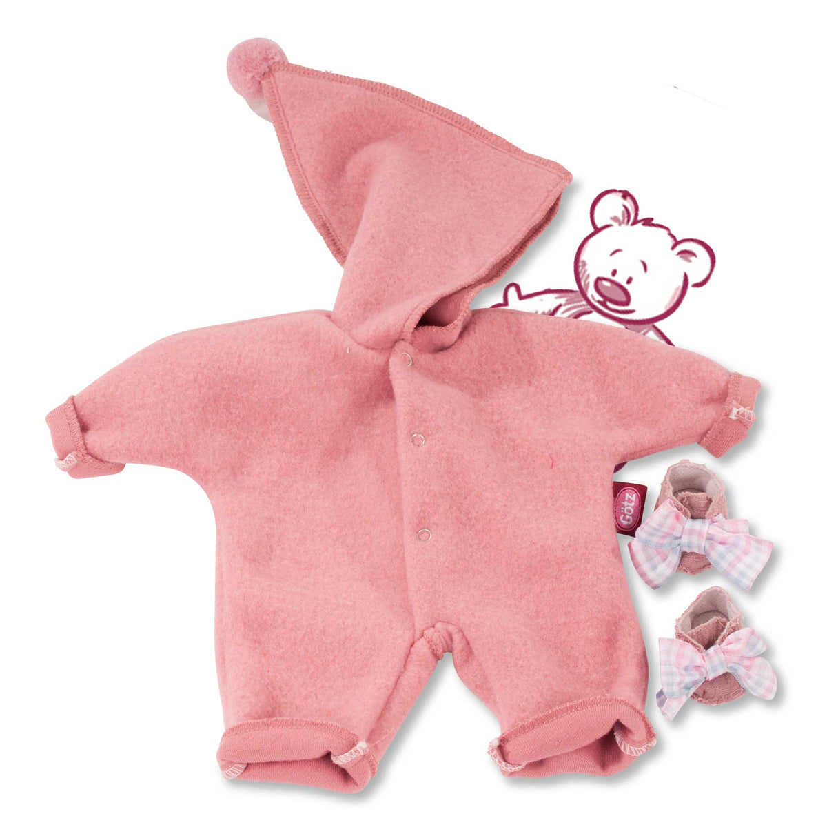 Götz Babyanzug Zipfelmütze rosa mit Bommel und weißen Stoffschuhen mit karierter Schleife, Packshot