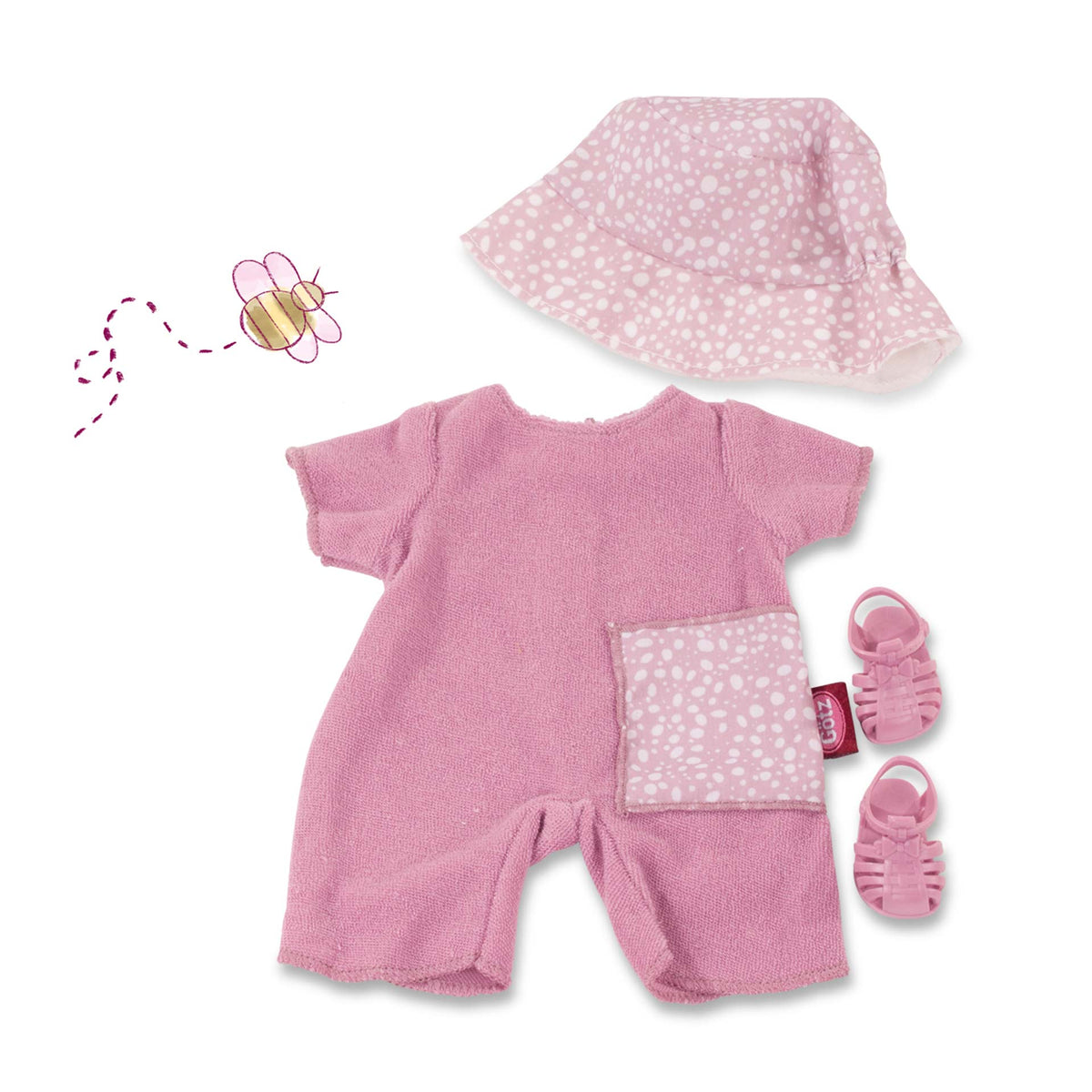 Götz Babykombi Sommer: rosa Frottee-Overall mit getupfter Tasche, Sonnenhut mit weißen Tupfen und rosa Sandalen, Packshot