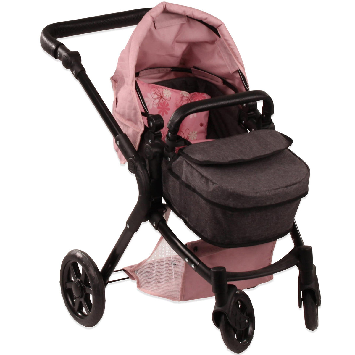 Götz Puppenwagen 2 in 1 Soft Mood mit rosa Verdeck, schwarzem Gestell und grauer Wanne