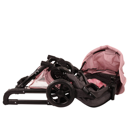 Götz Puppenwagen 2 in 1 Soft Mood zusammengeklappt, schwarzes Gestell mit rosa Verdeck