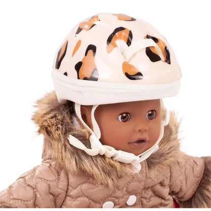 Götz Puppe mit Tiger-Helm in Creme, beige Steppjacke mit Plüschkragen