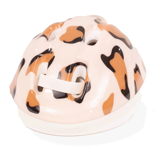 Götz Fahrradhelm Tiger mit orange-schwarzem Fleckenmuster auf cremefarbenem Kunststoff, Kinnriemen, Packshot