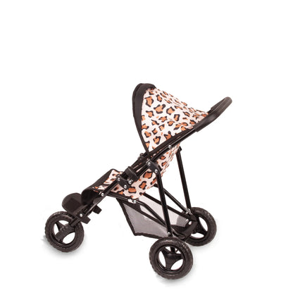 Götz 3-Rad Puppen-Buggy Klein Tiger aufgeklappt, orange-cremefarbenes Leoparden-Muster, schwarzes Gestell