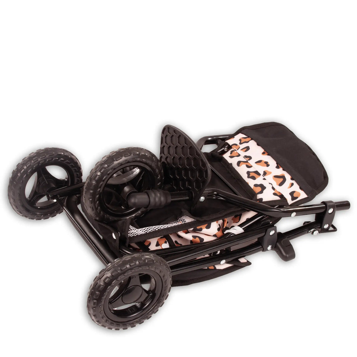 Götz 3-Rad Puppen-Buggy Klein Tiger von oben, schwarzes Gestell mit Leoparden-Muster, eingeklappt