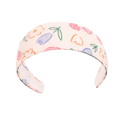 Götz Haarreif mit Blumenmuster, creme-farbener Stoff mit rosa, orange und violetten Blüten, grüne Blätter